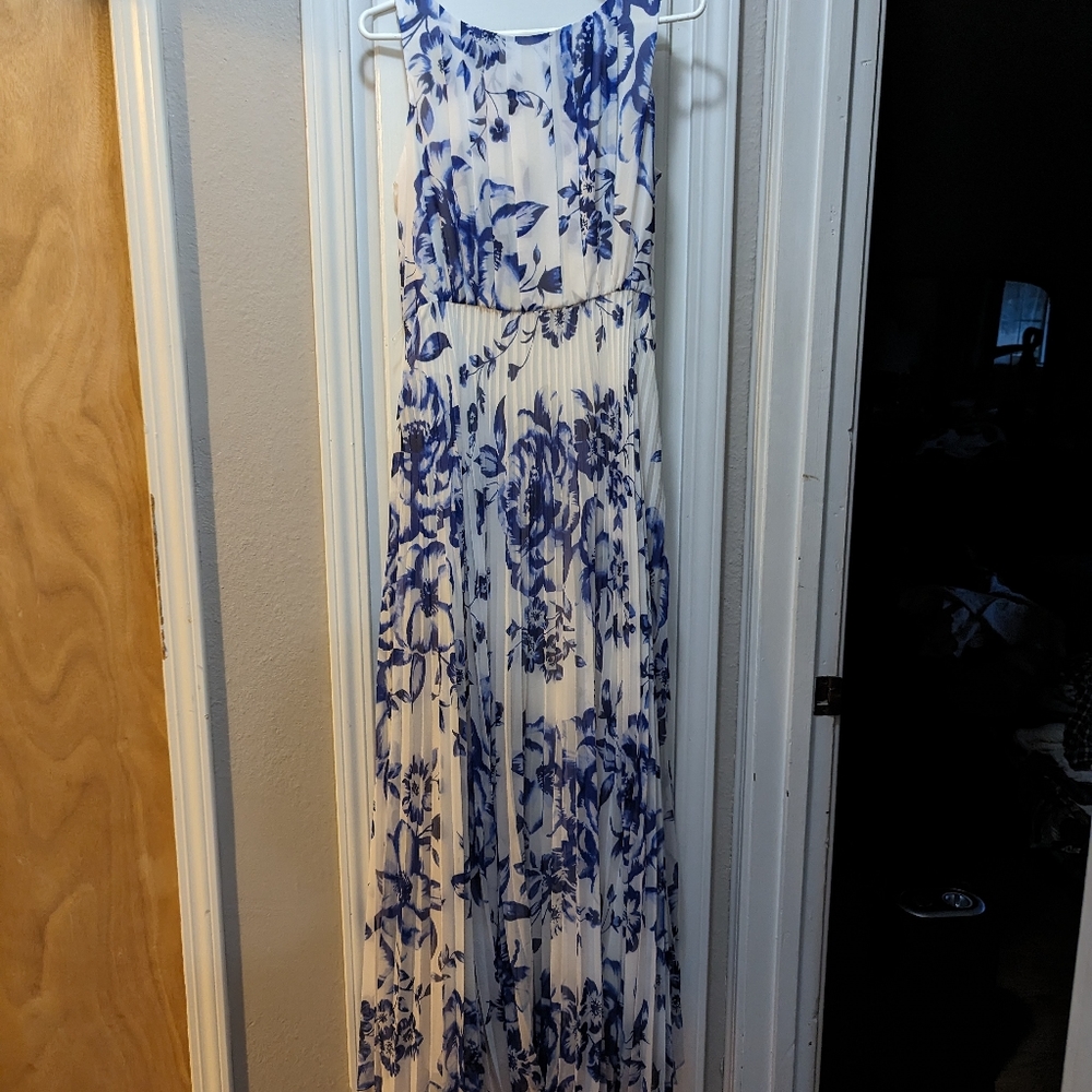 Elisa J Blue and White Floral Pleated Formal Dress (Size 8)